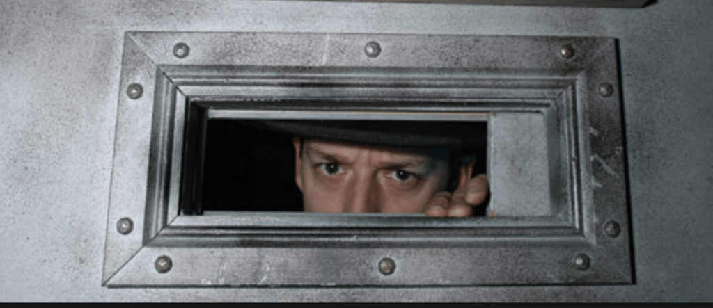 A guy looking through a steel window